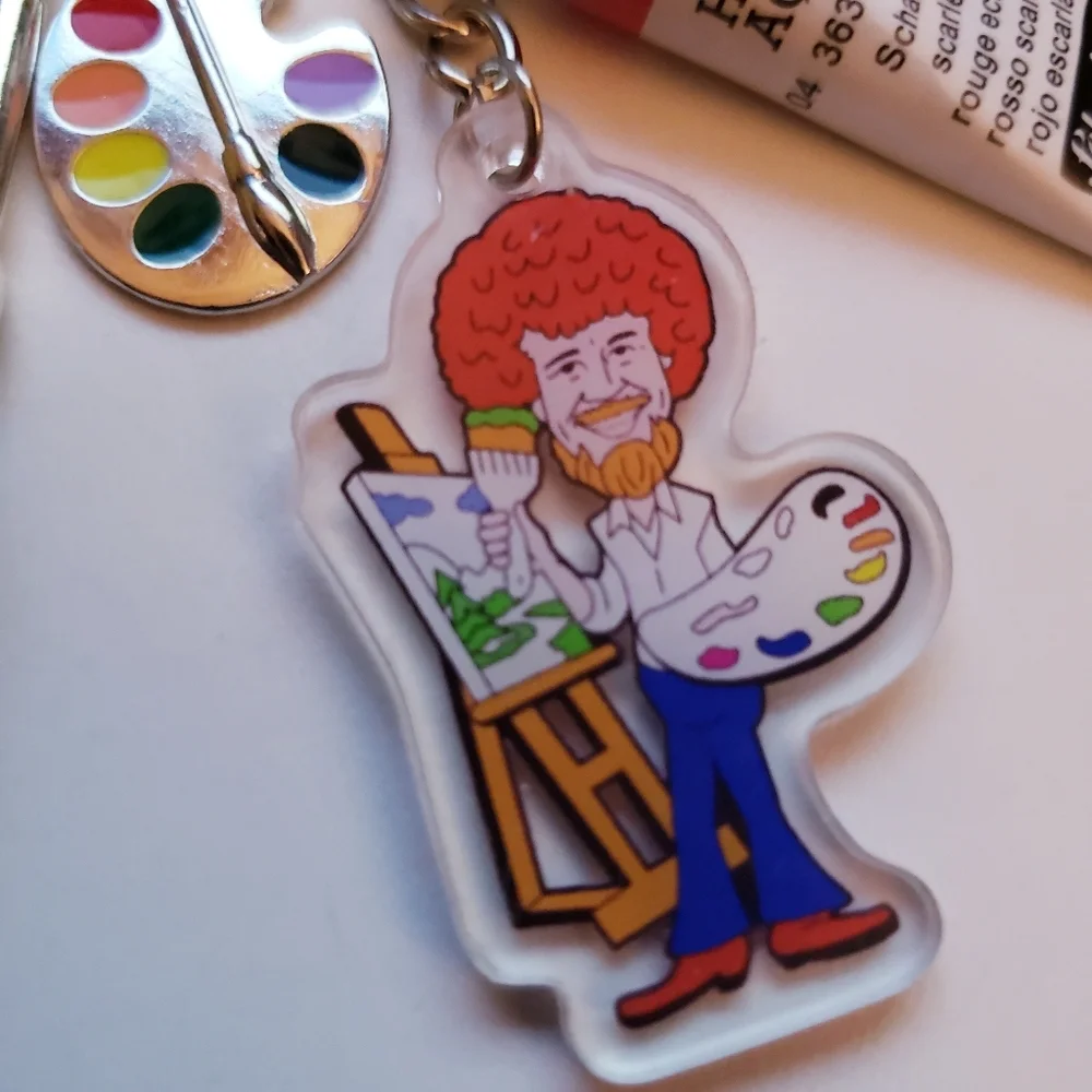 Handmade Bob Ross Artist Painter Art Palette Silicone Focal Beaded Keychain